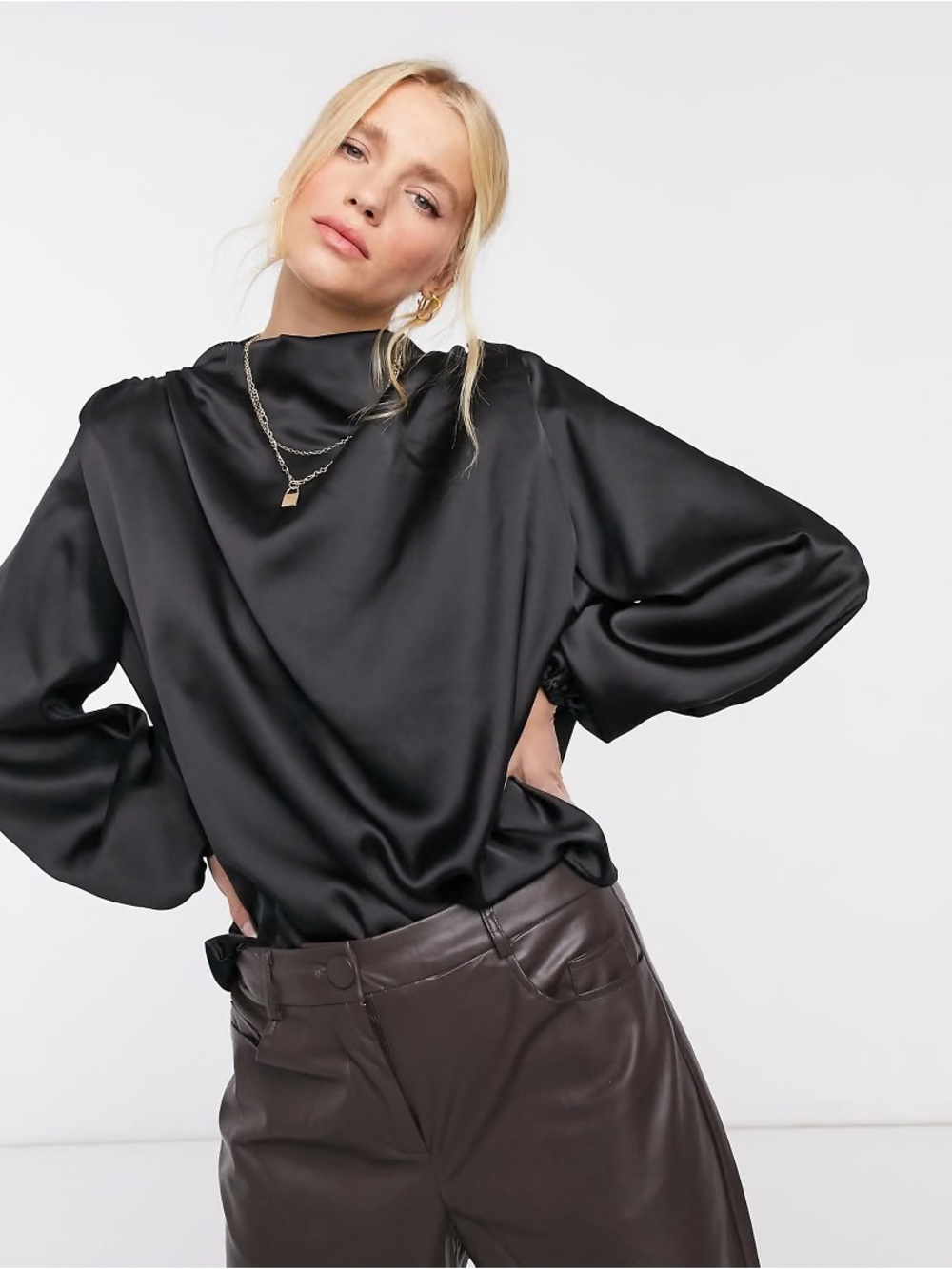 entro Black Satin High-Neck Balloon Sleeve Blouse